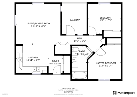 Floor plan for 2 beds, 1 bath, 950 sqft